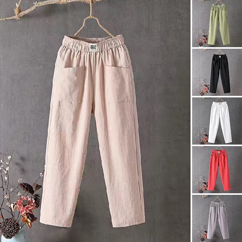 Feline - Casual cotton linen trousers with elastic waistband