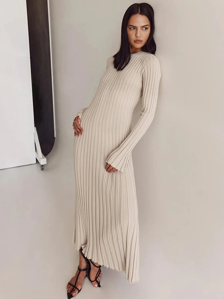 WW | Tight-fitting long knit dress with pleated design and stretch fabric, women's knit dress