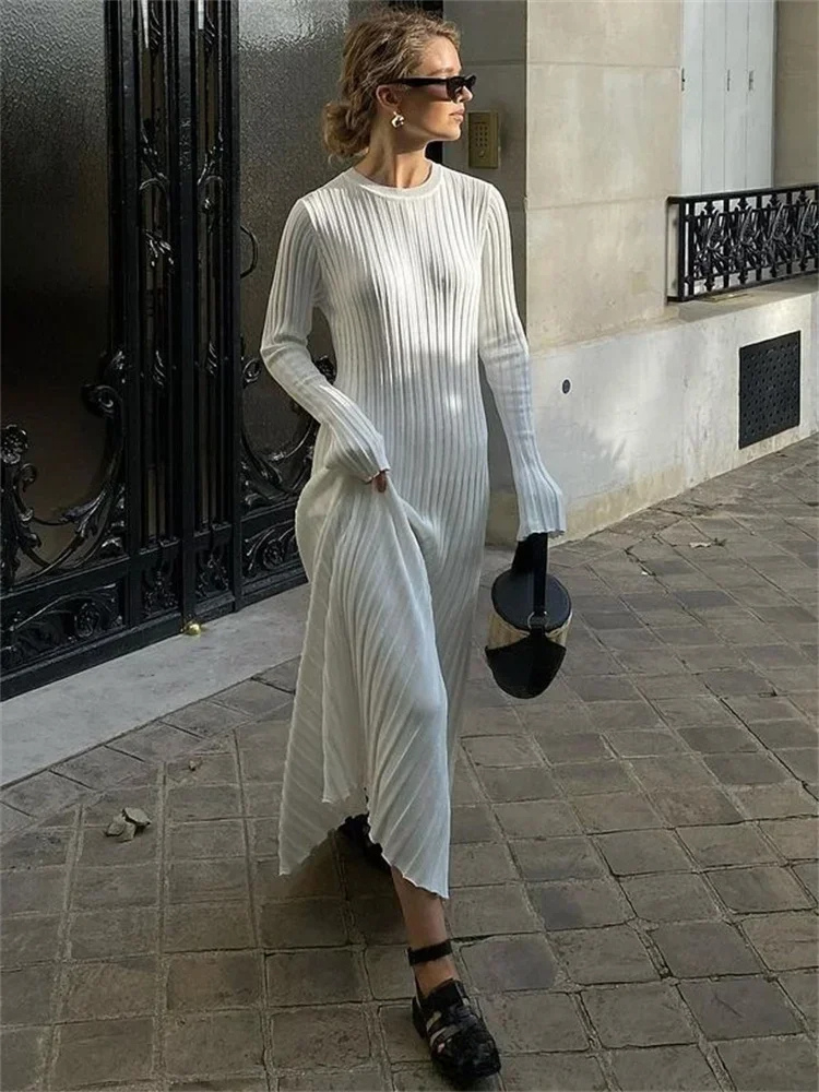 WW | Tight-fitting long knit dress with pleated design and stretch fabric, women's knit dress