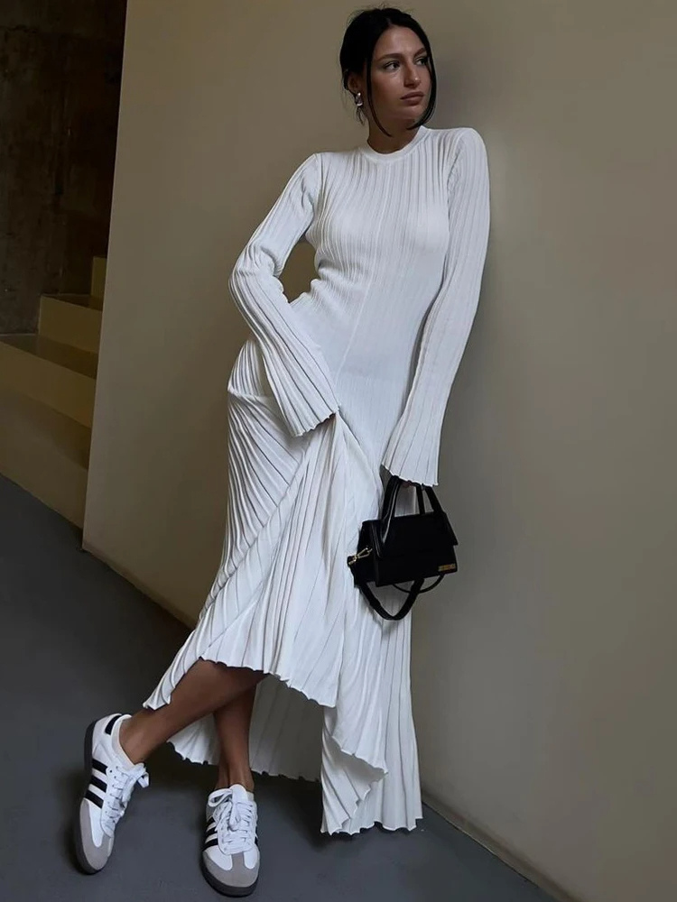 WW | Tight-fitting long knit dress with pleated design and stretch fabric, women's knit dress