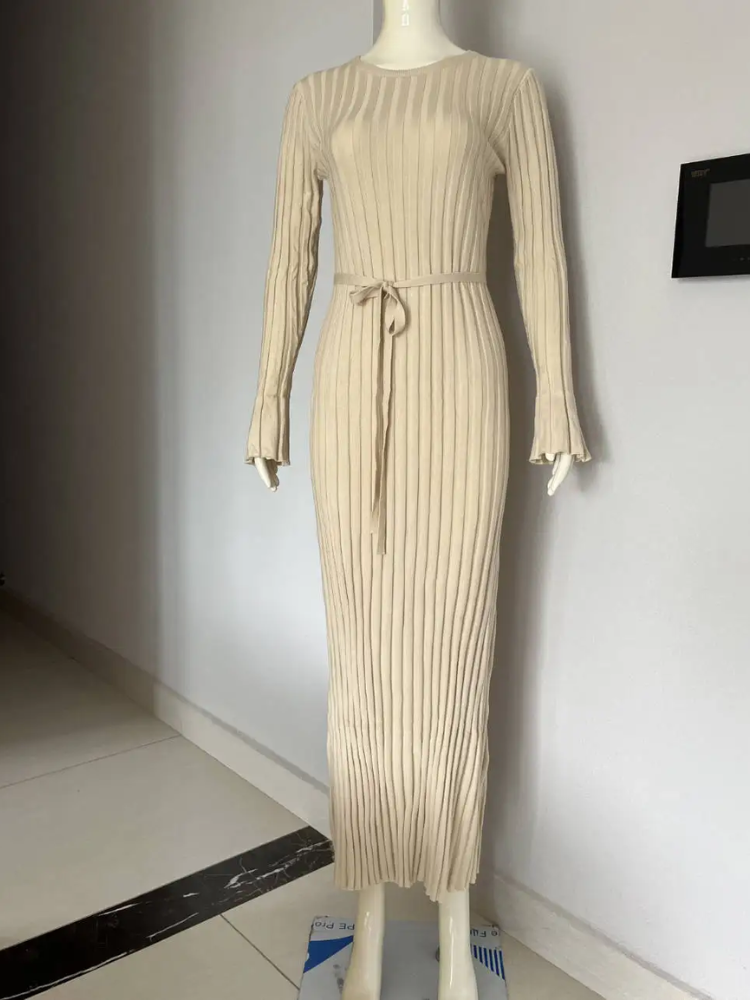 WW | Tight-fitting long knit dress with pleated design and stretch fabric, women's knit dress