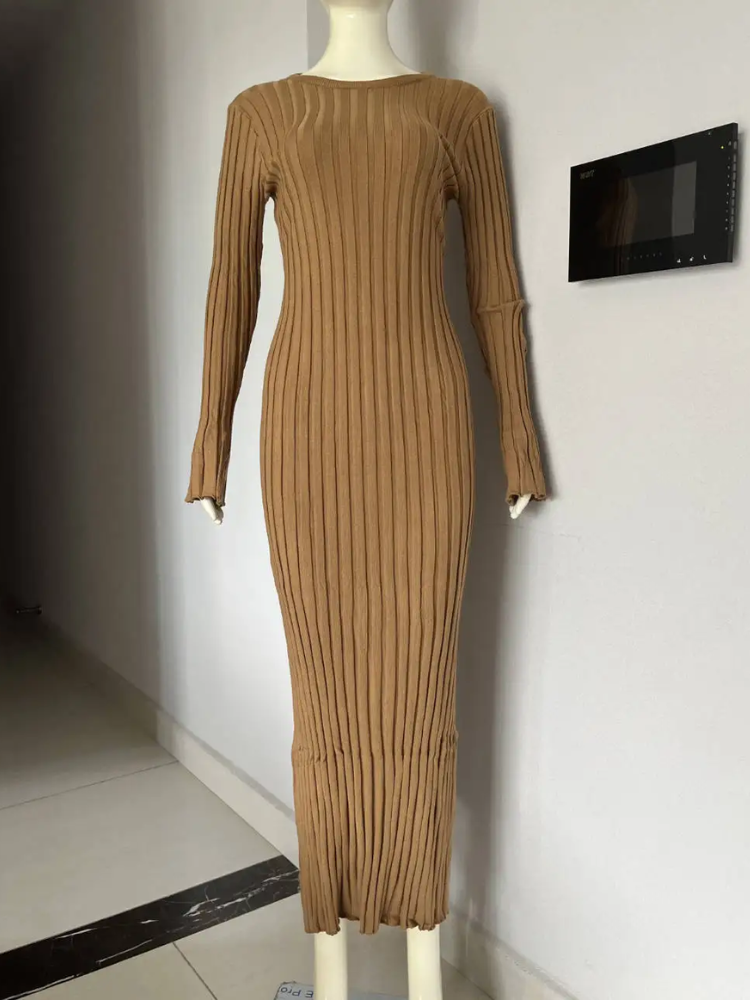WW | Tight-fitting long knit dress with pleated design and stretch fabric, women's knit dress