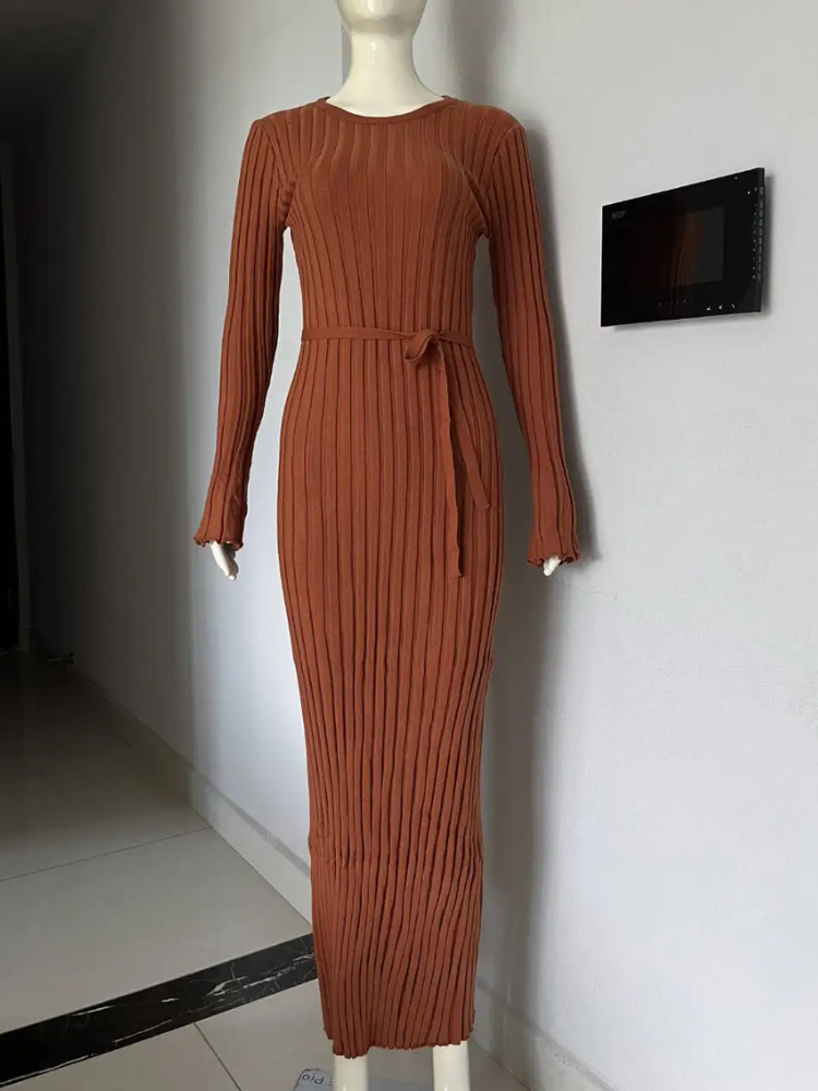 WW | Tight-fitting long knit dress with pleated design and stretch fabric, women's knit dress