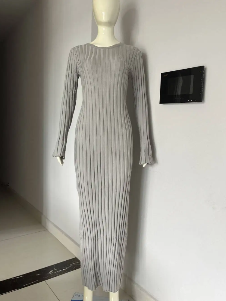 WW | Tight-fitting long knit dress with pleated design and stretch fabric, women's knit dress