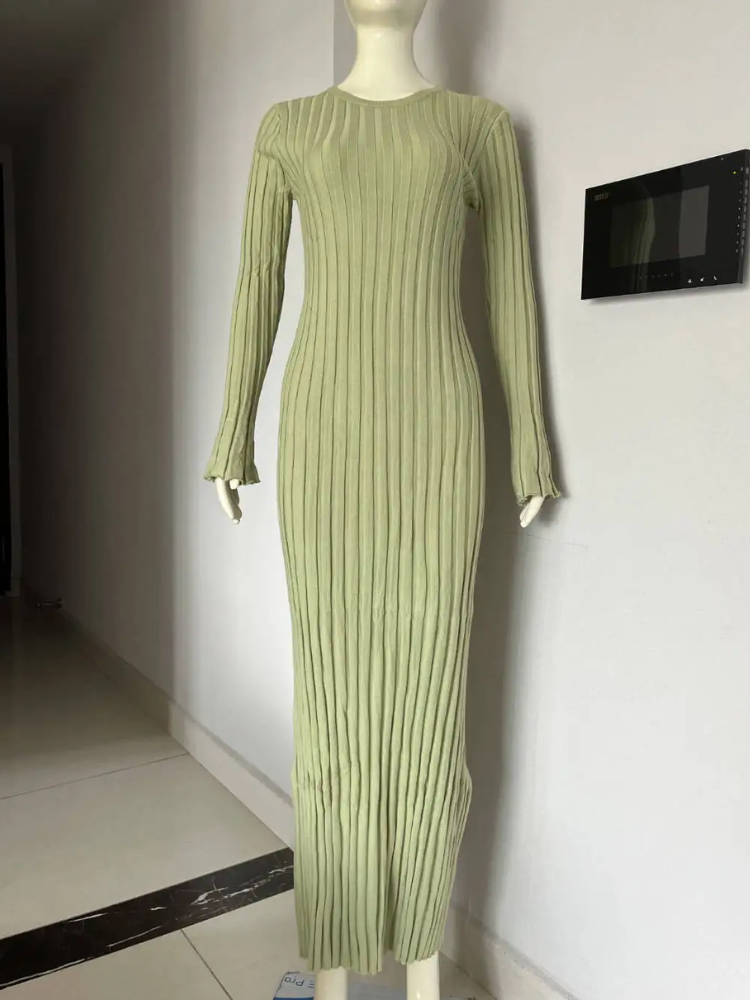 WW | Tight-fitting long knit dress with pleated design and stretch fabric, women's knit dress