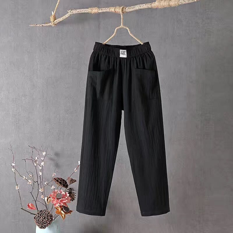 Feline - Casual cotton linen trousers with elastic waistband