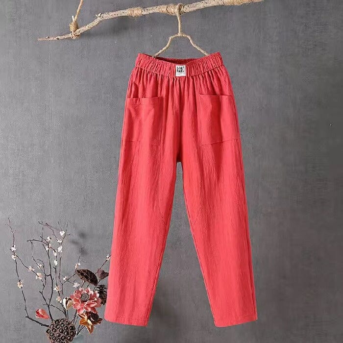 Feline - Casual cotton linen trousers with elastic waistband