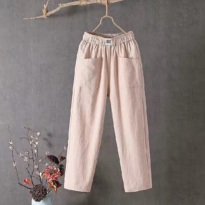 Feline - Casual cotton linen trousers with elastic waistband