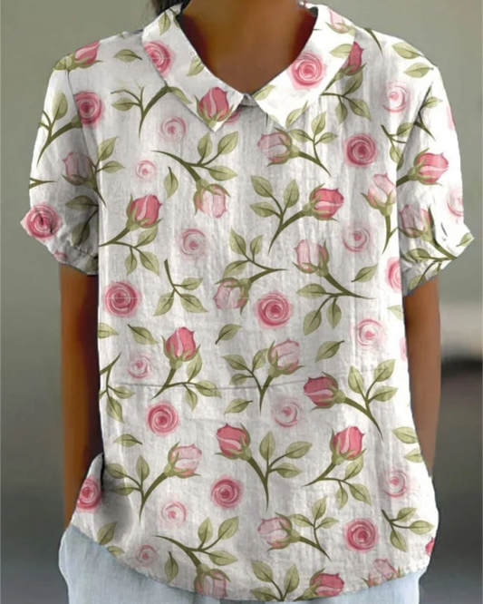 Shirley - Women's Rose Flower Print Casual Cotton And Linen Shirt