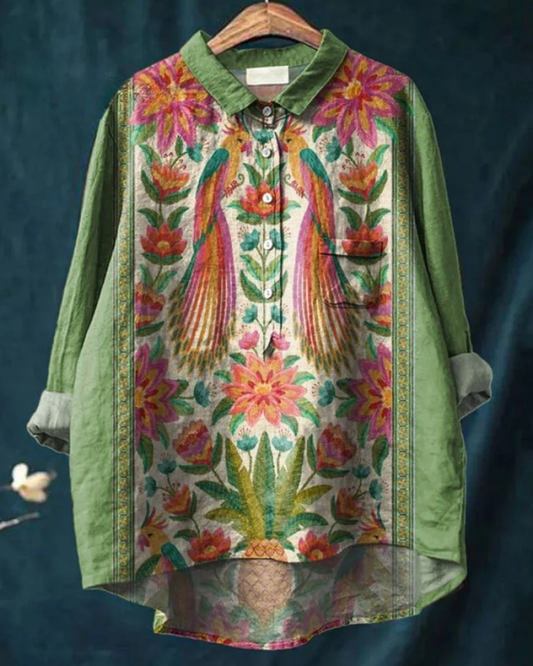 Reggie - Women's Flower Print Casual Cotton And Linen Shirt