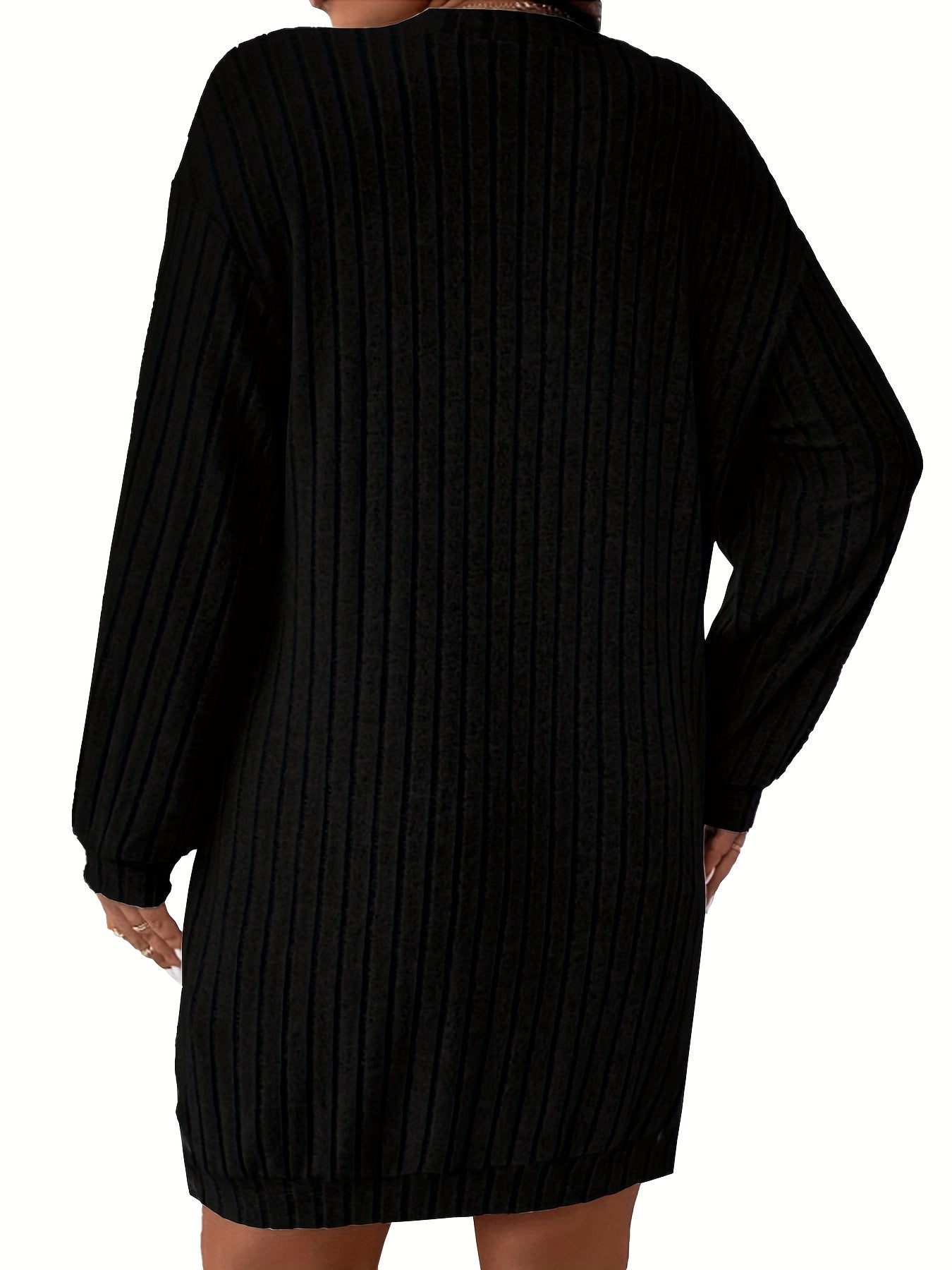 WW | Solid Ribbed Sweater Dress with Long Sleeves and V-Neck
