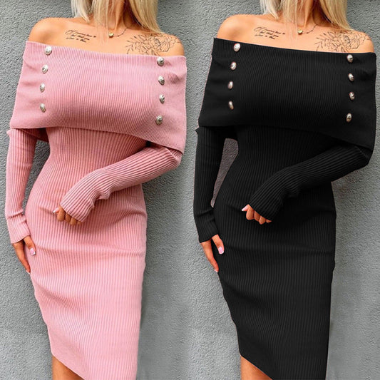 Women's knitted dress with off-the-shoulder design and elegant button details WW