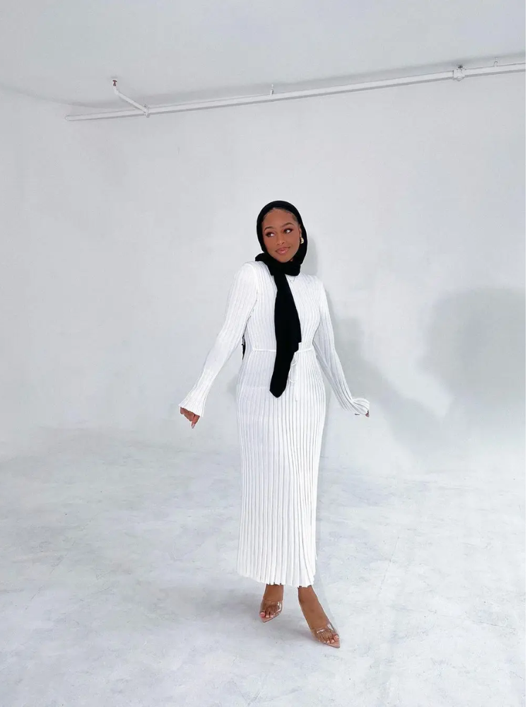 WW | Tight-fitting long knit dress with pleated design and stretch fabric, women's knit dress