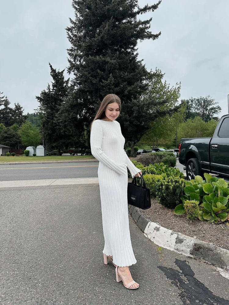 WW | Tight-fitting long knit dress with pleated design and stretch fabric, women's knit dress