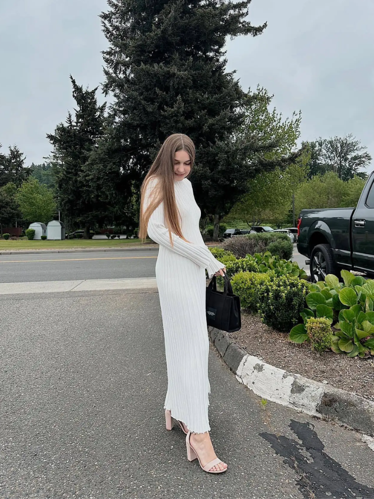 WW | Tight-fitting long knit dress with pleated design and stretch fabric, women's knit dress