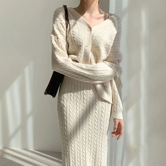 WW | Long Sleeve Sweater and Skirt Combination with Loose Fit, Knitted Women's Dress