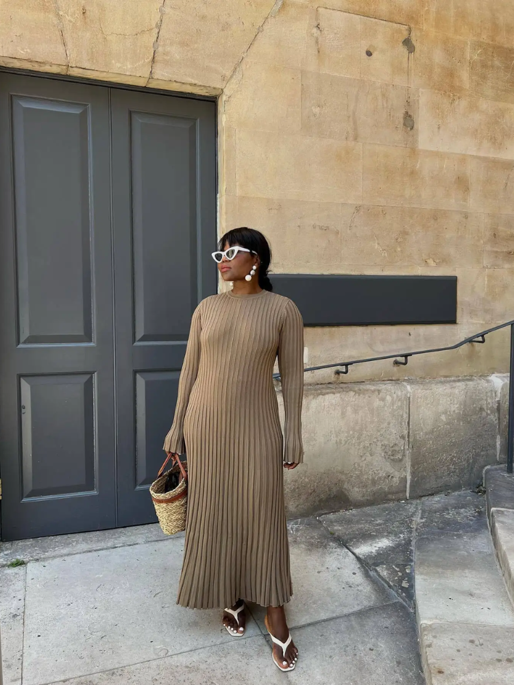 WW | Tight-fitting long knit dress with pleated design and stretch fabric, women's knit dress