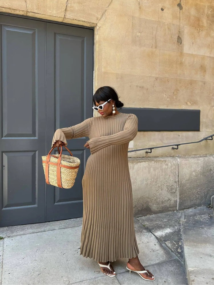 WW | Tight-fitting long knit dress with pleated design and stretch fabric, women's knit dress