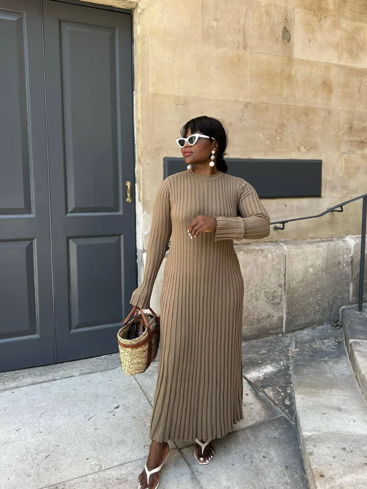 WW | Tight-fitting long knit dress with pleated design and stretch fabric, women's knit dress