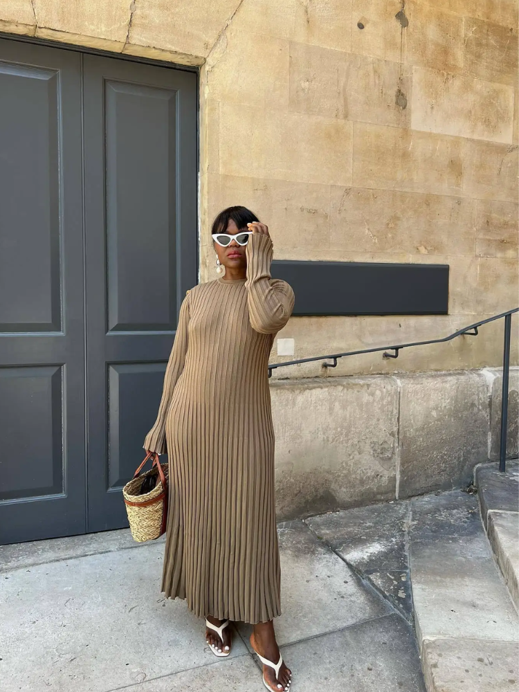 WW | Tight-fitting long knit dress with pleated design and stretch fabric, women's knit dress