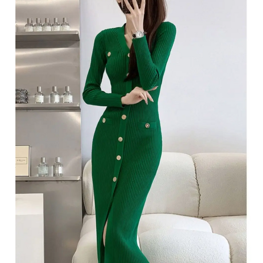 WW | Elegant knitted dress with gold button detail, front slit, knitted women's dress
