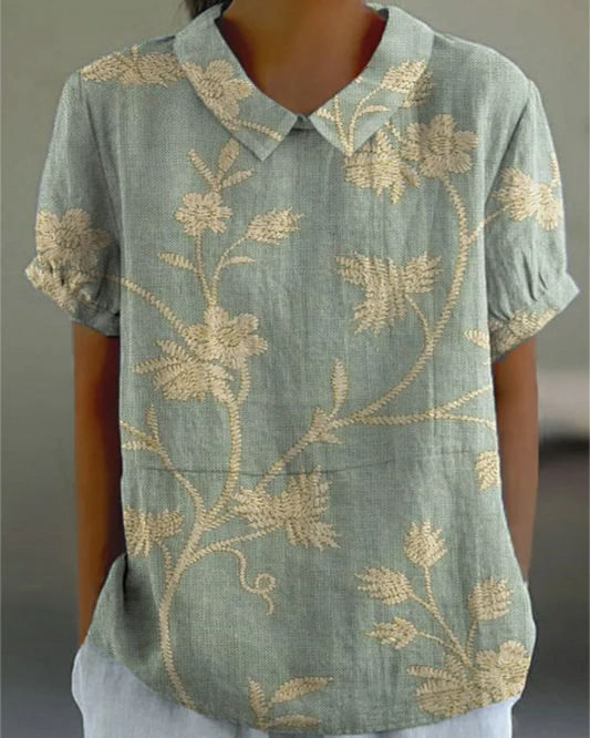 Bernadette - Women's Retro Floral Art Print Casual Cotton And Linen Shirt