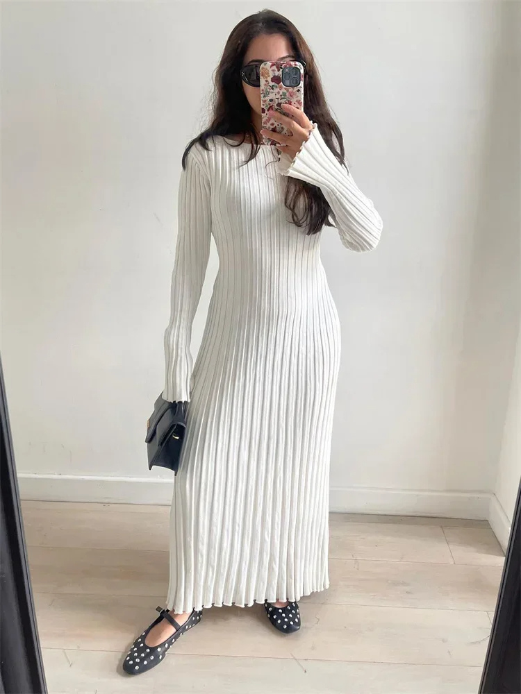WW | Tight-fitting long knit dress with pleated design and stretch fabric, women's knit dress