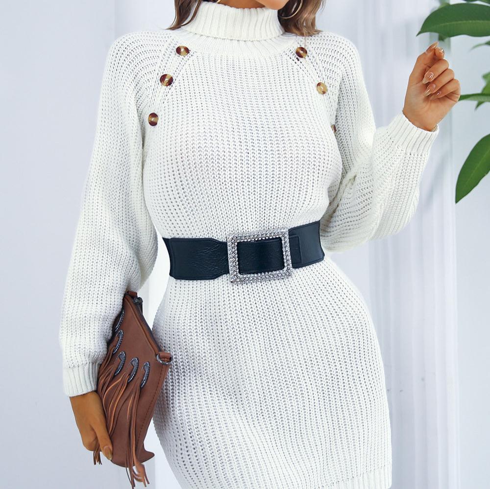 WW | Long-sleeved turtleneck knit dress with buttons