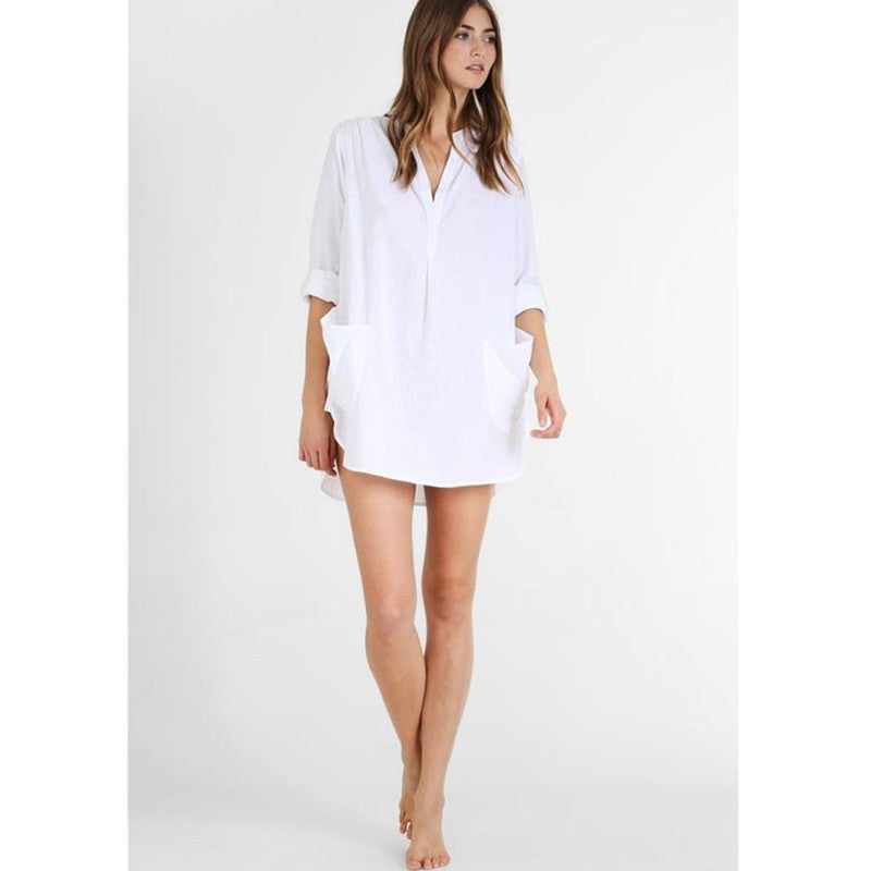 Cotton stand-up collar side pockets shirt