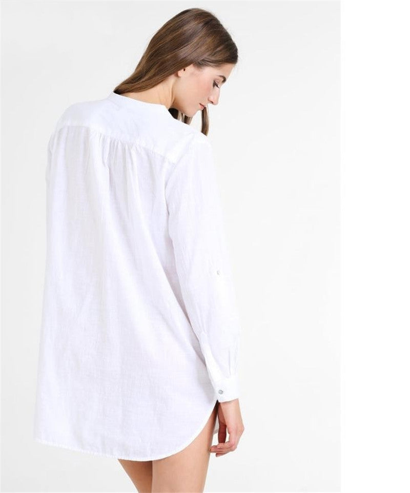Cotton stand-up collar side pockets shirt