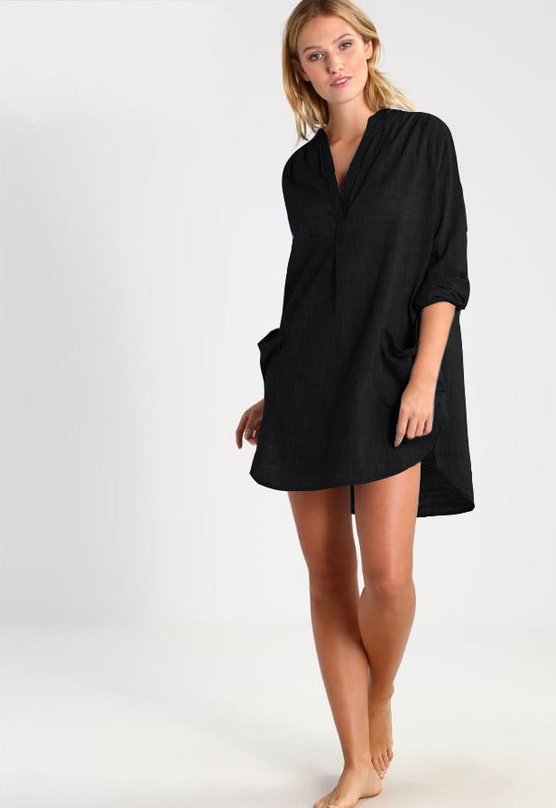Cotton stand-up collar side pockets shirt