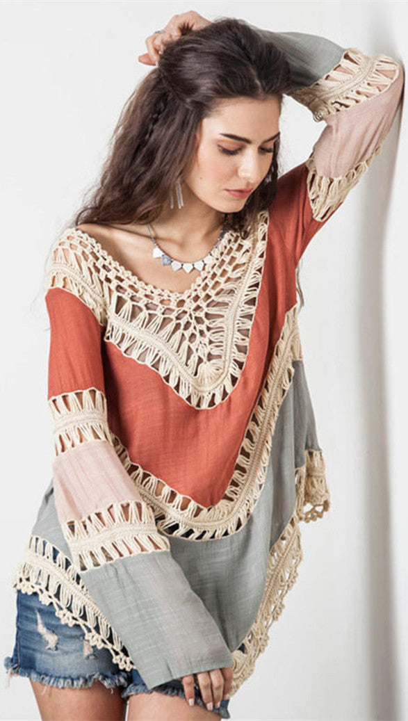 Women's beach poncho with artistic crochet design and loose sleeves