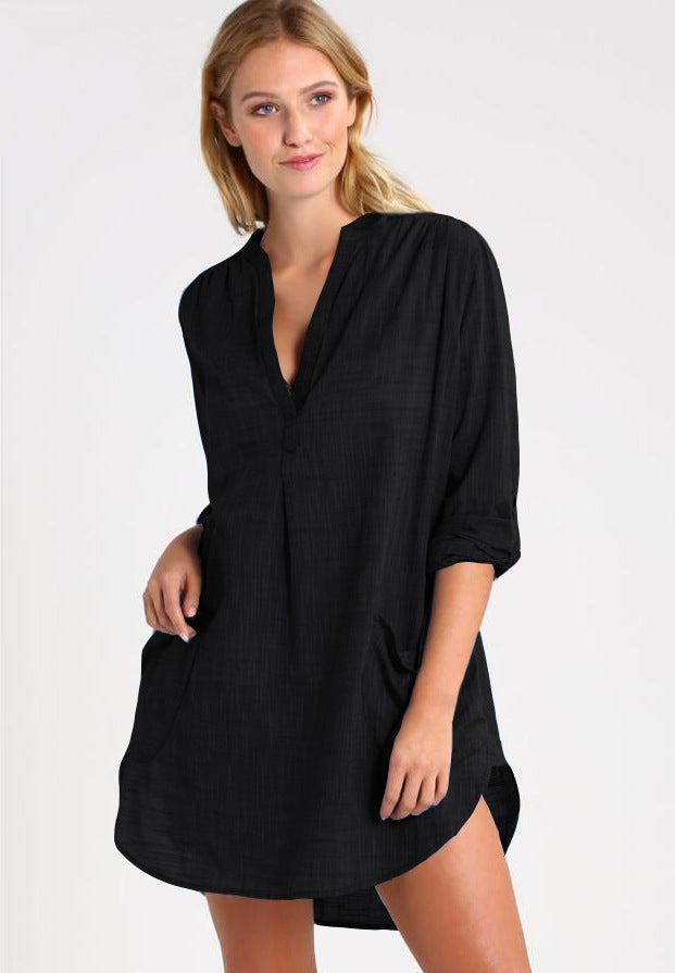Cotton stand-up collar side pockets shirt