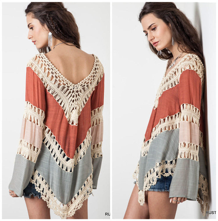 Women's beach poncho with artistic crochet design and loose sleeves