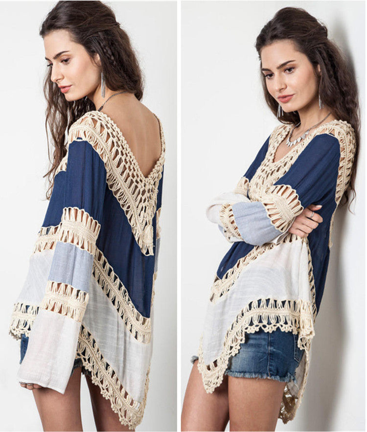 Women's beach poncho with artistic crochet design and loose sleeves