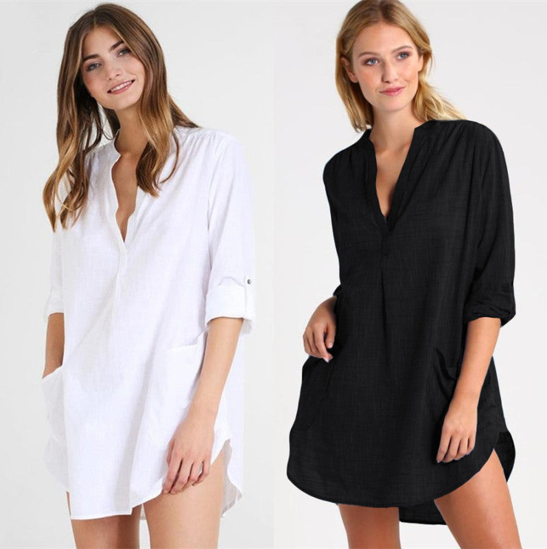 Cotton stand-up collar side pockets shirt