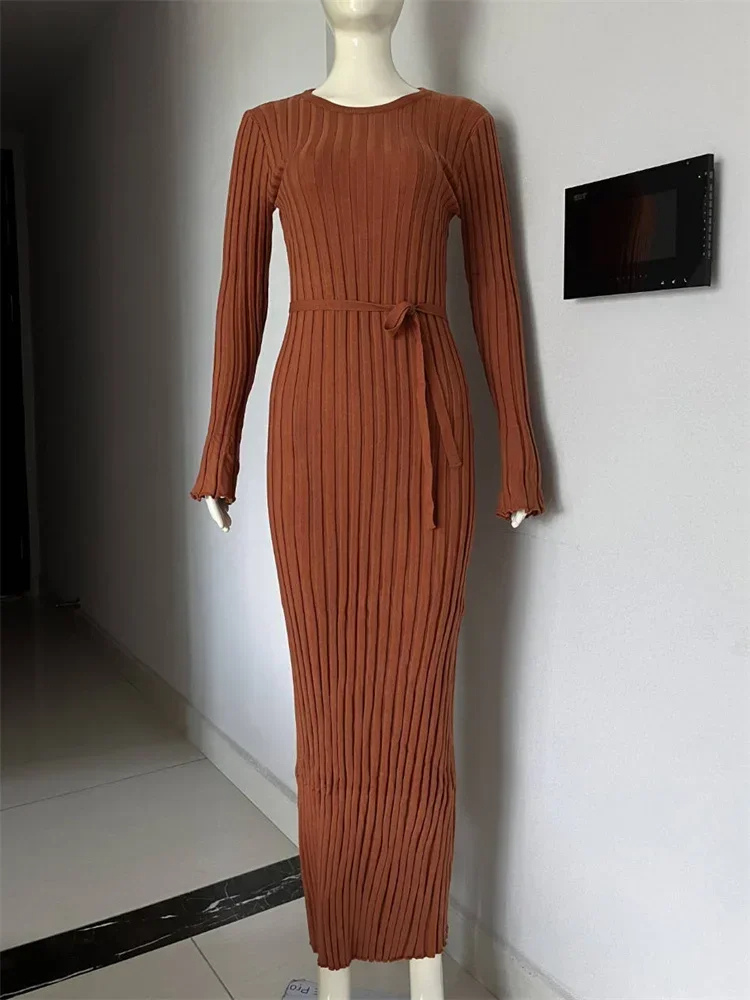 WW | Tight-fitting long knit dress with pleated design and stretch fabric, women's knit dress