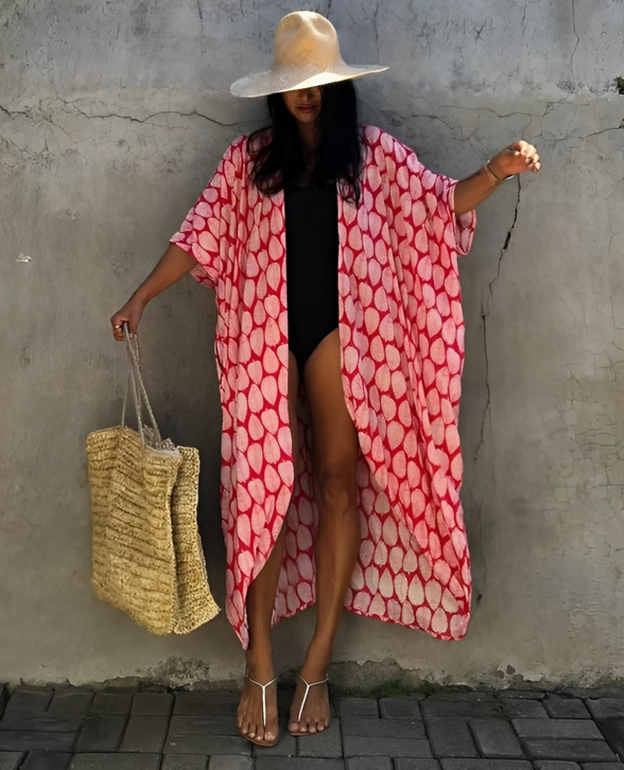 Retro Kimono | Long, patterned beach kimono with belt for women