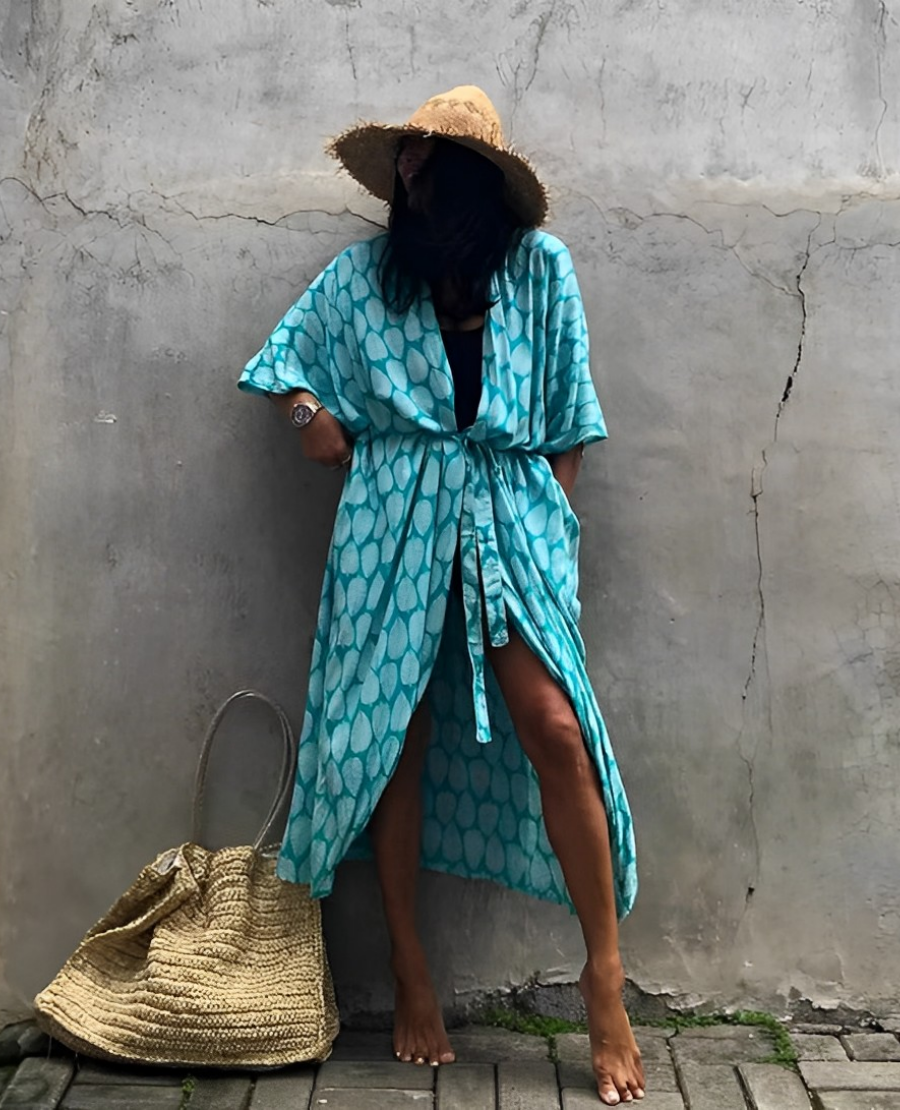 Retro Kimono | Long, patterned beach kimono with belt for women