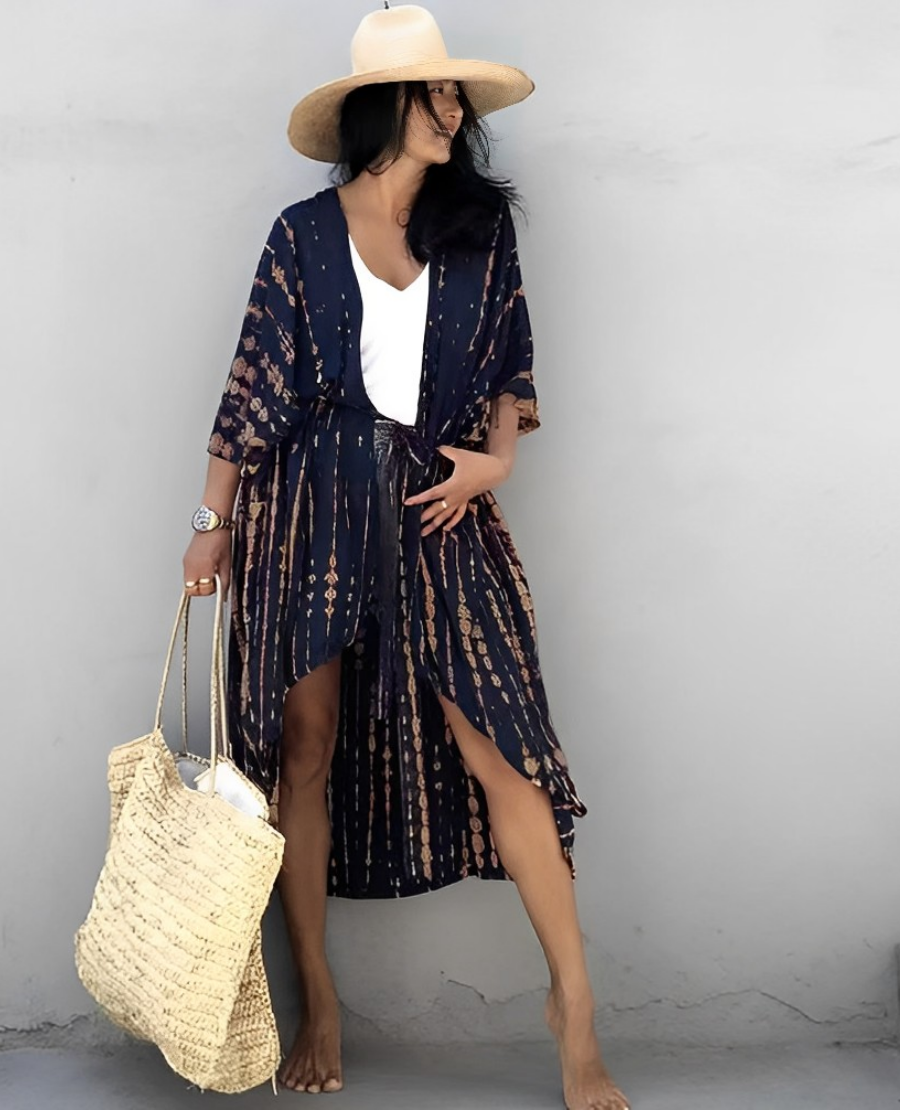 Retro Kimono | Long, patterned beach kimono with belt for women
