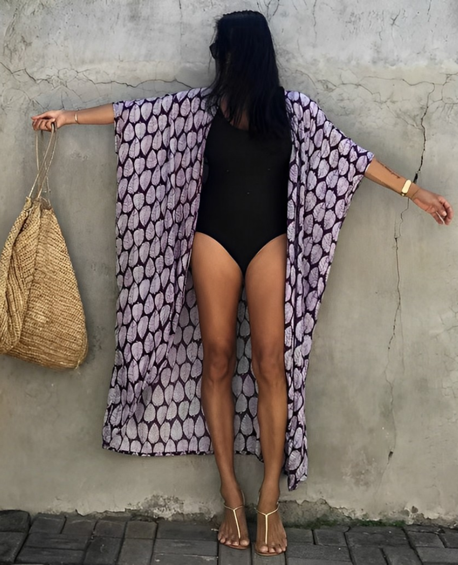 Retro Kimono | Long, patterned beach kimono with belt for women