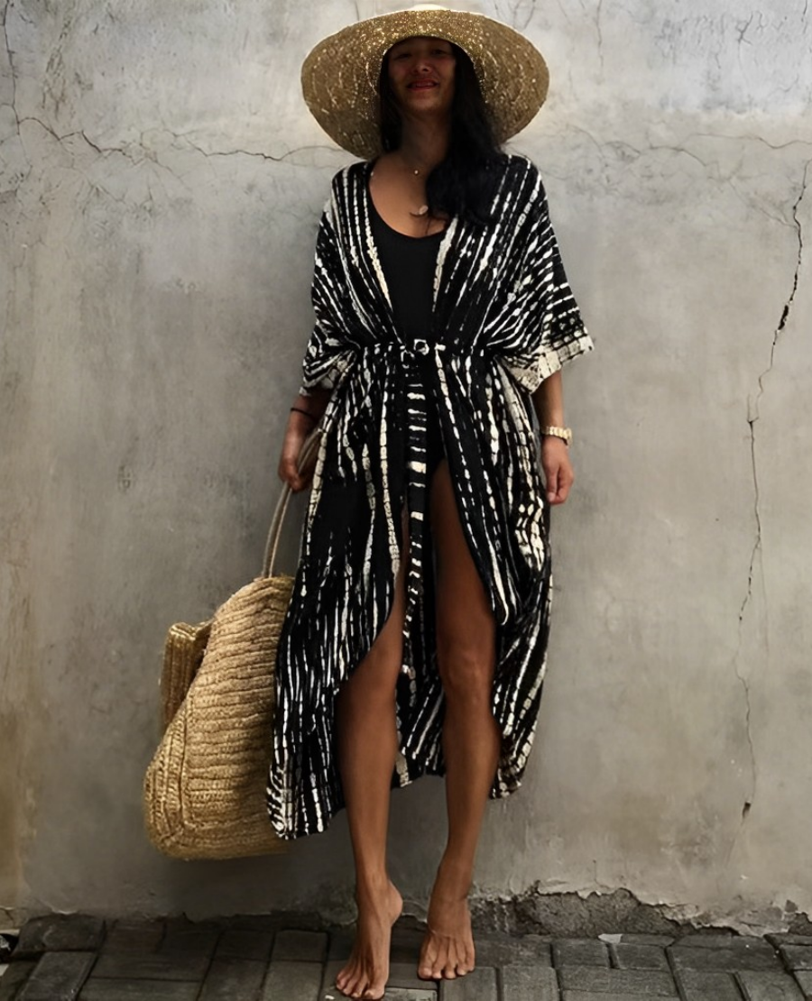 Retro Kimono | Long, patterned beach kimono with belt for women