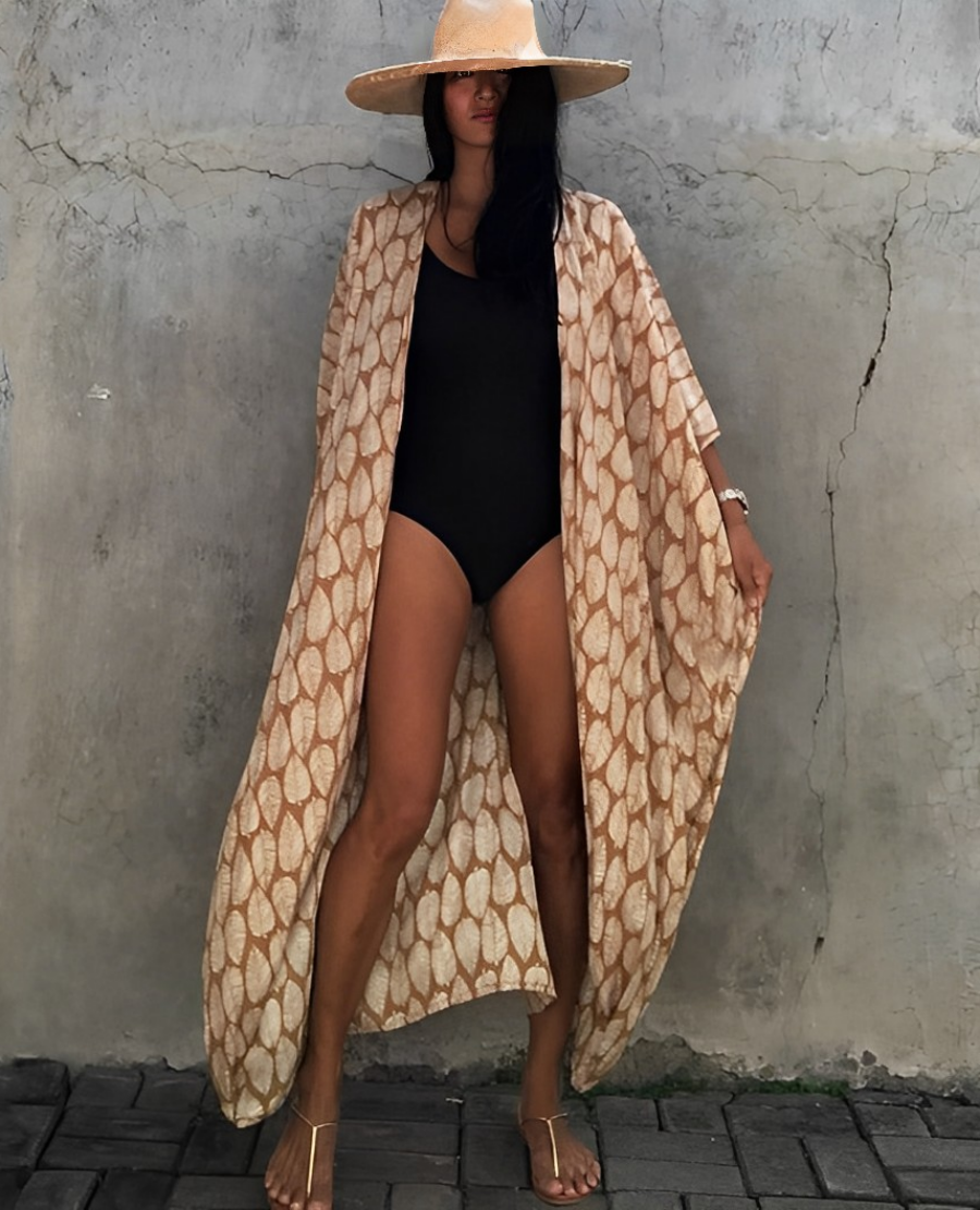 Retro Kimono | Long, patterned beach kimono with belt for women