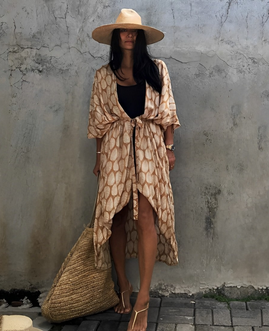 Retro Kimono | Long, patterned beach kimono with belt for women