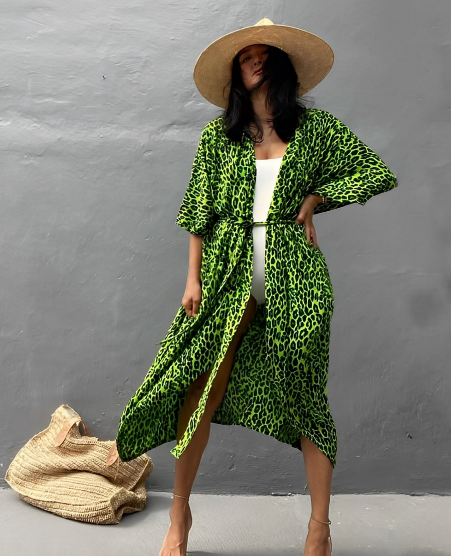Retro Kimono | Long, patterned beach kimono with belt for women