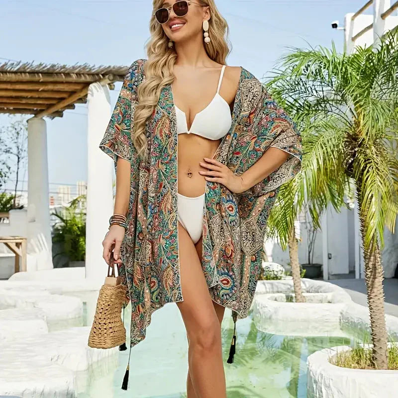 Kimono, Paisley Print, Open Front, Bikini Cover Up, Beach Kimono