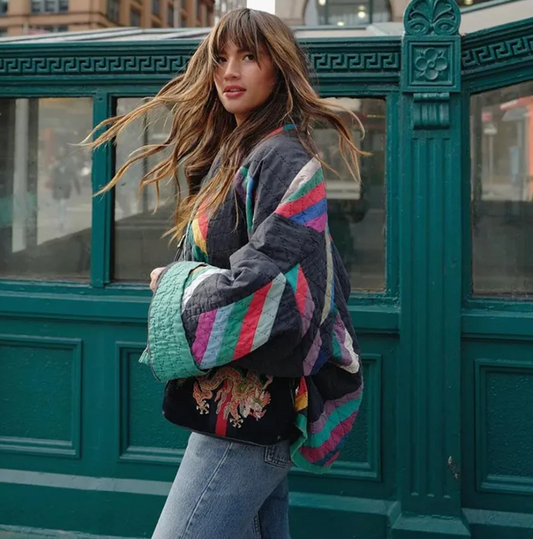 Quilted kimono jacket with rainbow stripes