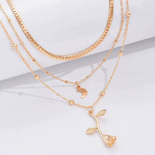 Rose and Moon Pendant Necklace in Gold