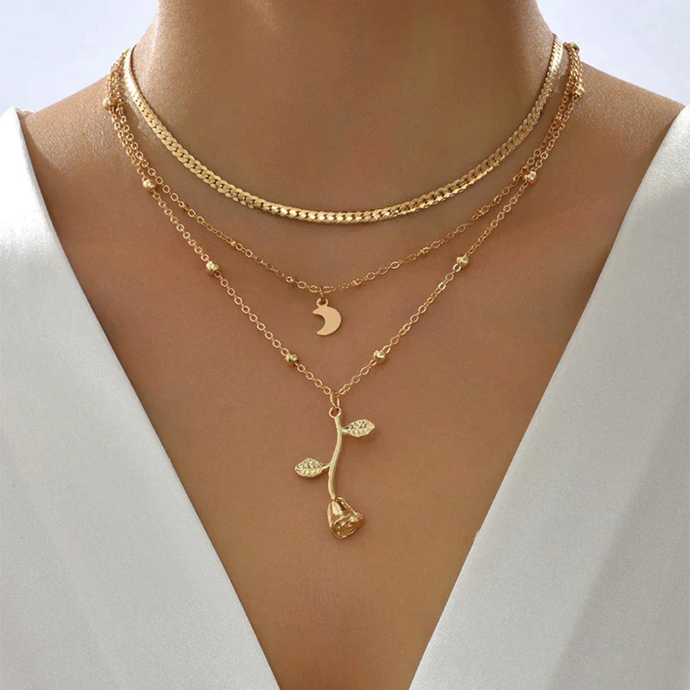 Rose and Moon Pendant Necklace in Gold