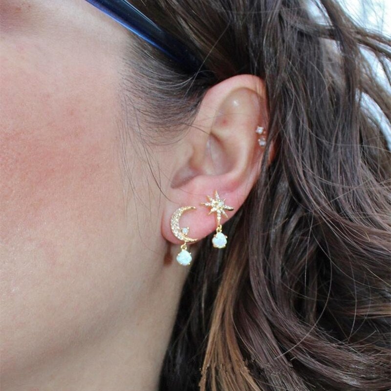 Opal and Gold Earrings Moon and Star